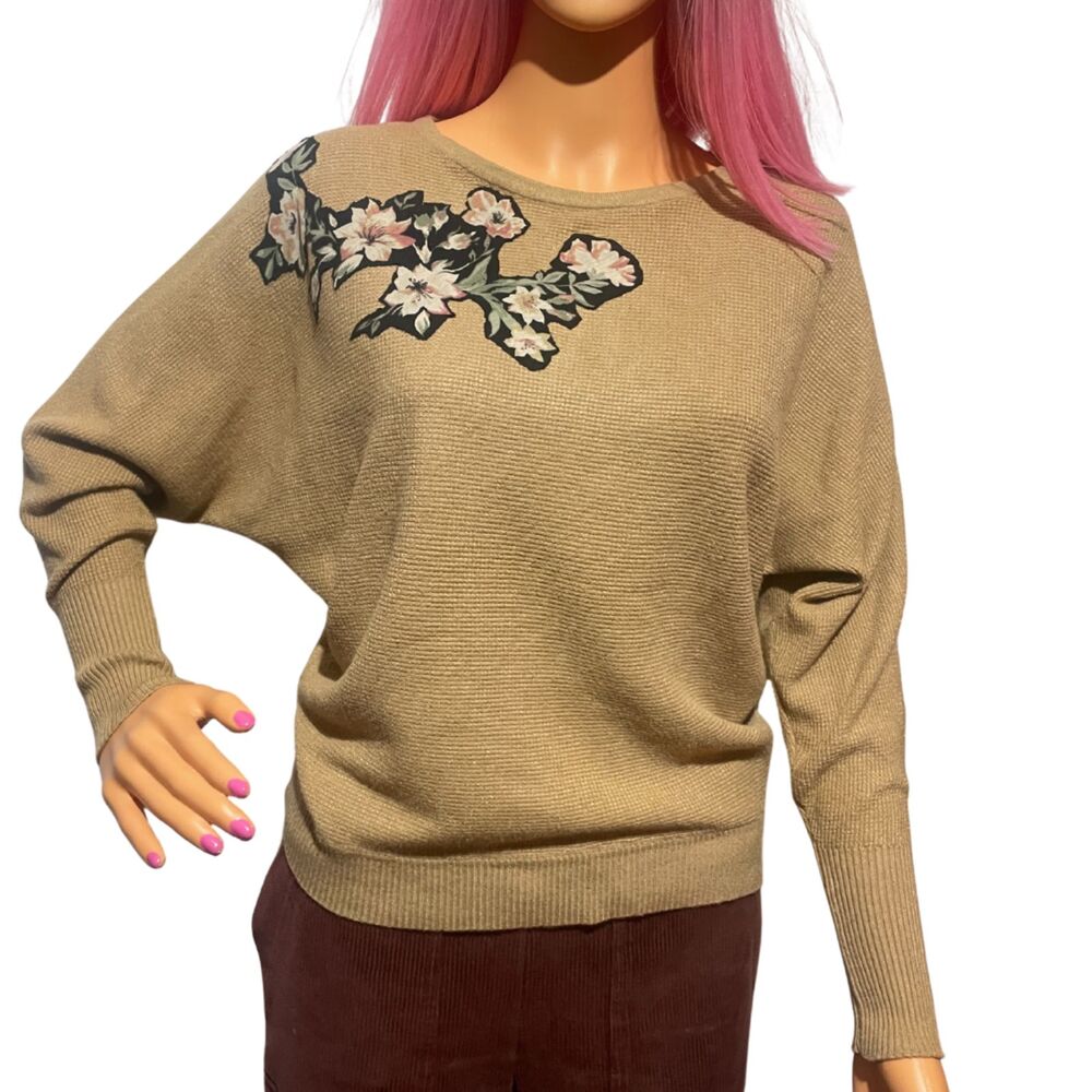 Tahari Floral Applique Upcycled Sweater Dolman Sleeves Medium